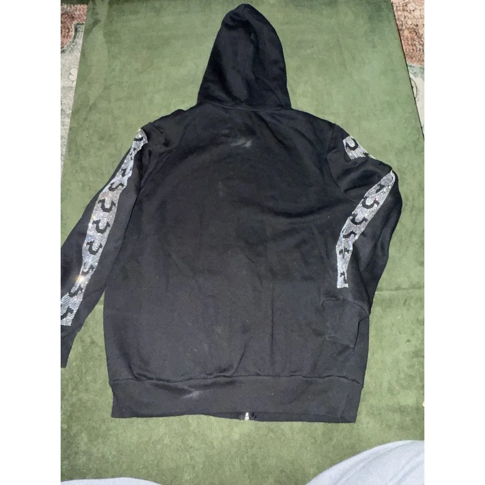 True Religion Black Logo Full Zip Up Crystal Rhinestone Hoodie‎ Mens Size Small